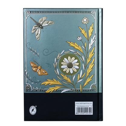 Notebook cover with floral and insect design on a teal background
