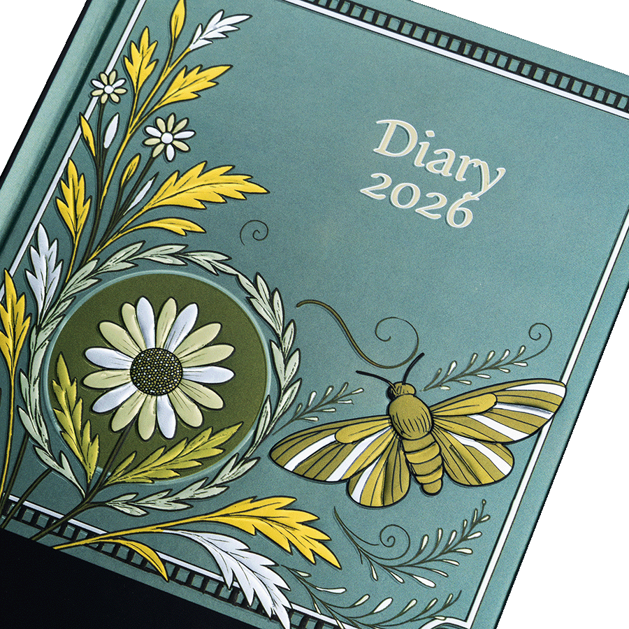 Diary cover with floral and butterfly design, featuring the text 'Diary 2026'.