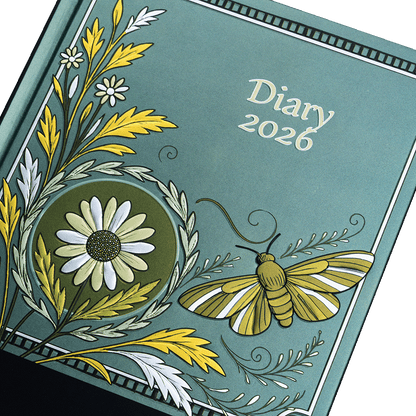 Diary cover with floral and butterfly design, featuring the text 'Diary 2026'.