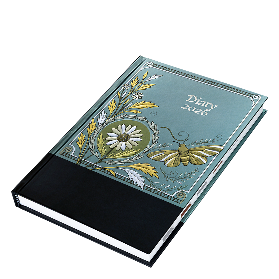 Diary with floral design and 'Diary 2026' text on a white background
