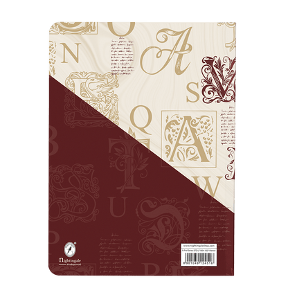 Notebook with decorative letter patterns on a beige and red background
