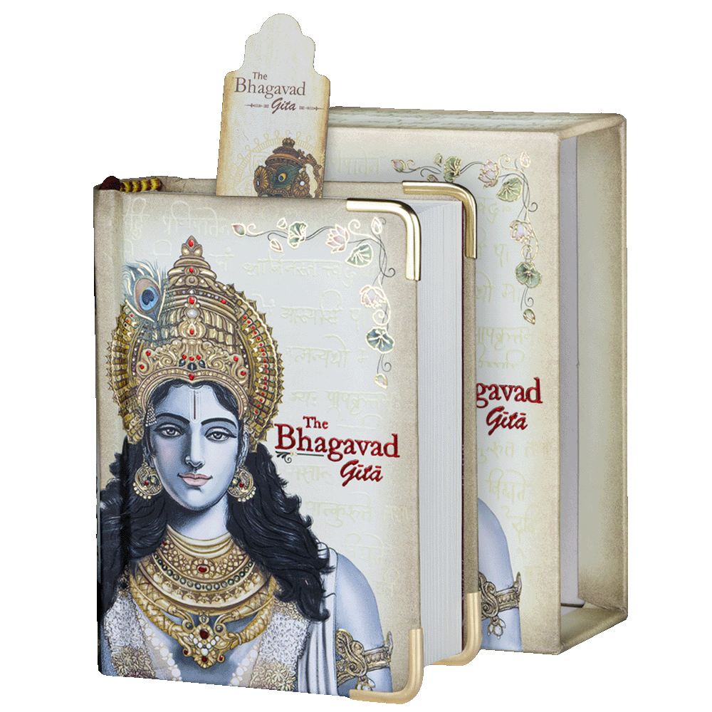 Book titled 'The Bhagavad Gita' with decorative cover and gold accents