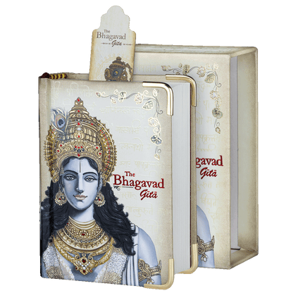 Book titled 'The Bhagavad Gita' with decorative cover and gold accents