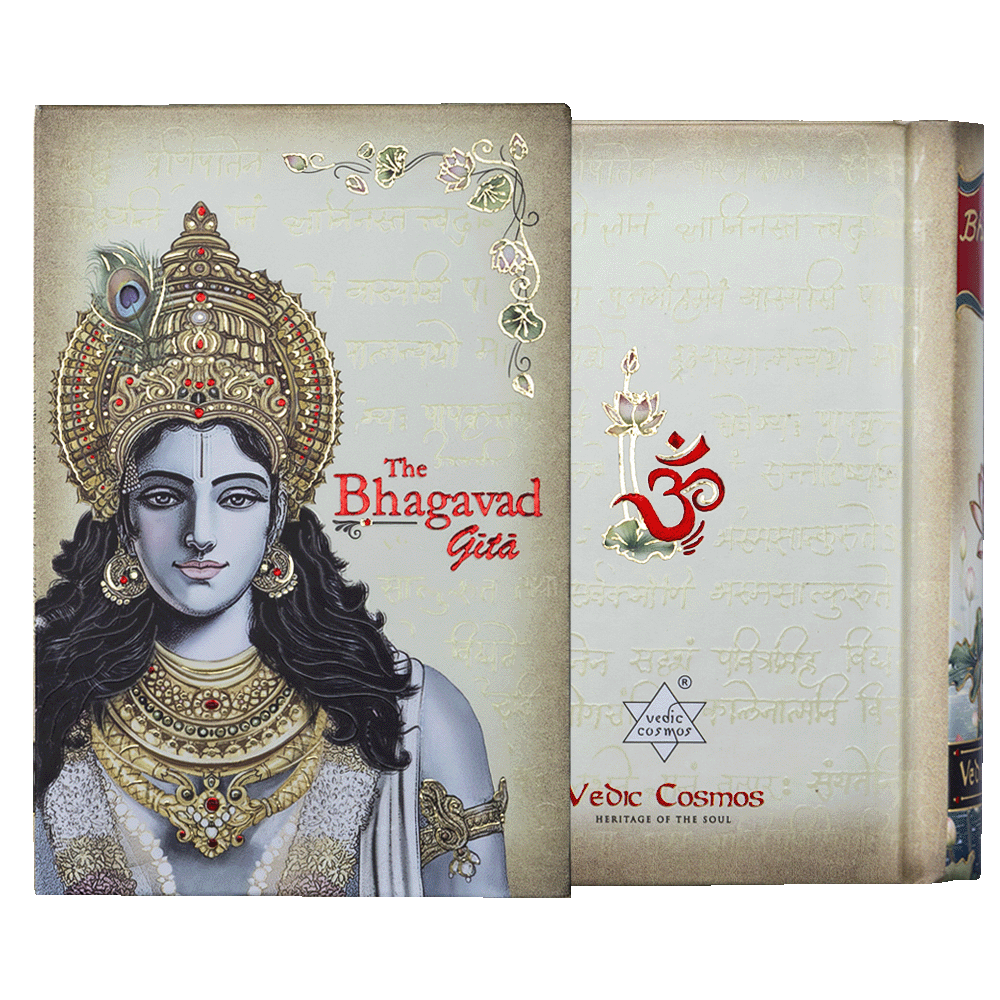 Book titled 'The Bhagavad Gita' with decorative cover featuring a deity and Om symbol.