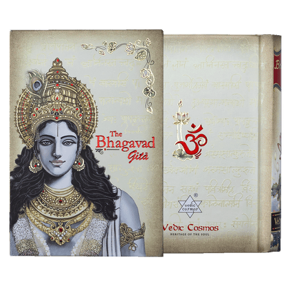 Book titled 'The Bhagavad Gita' with decorative cover featuring a deity and Om symbol.