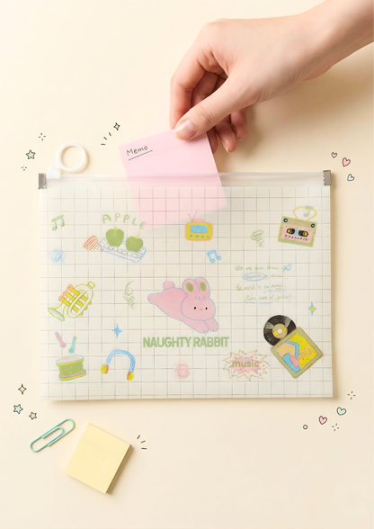 Hand holding a small notebook with cartoon designs on a light background