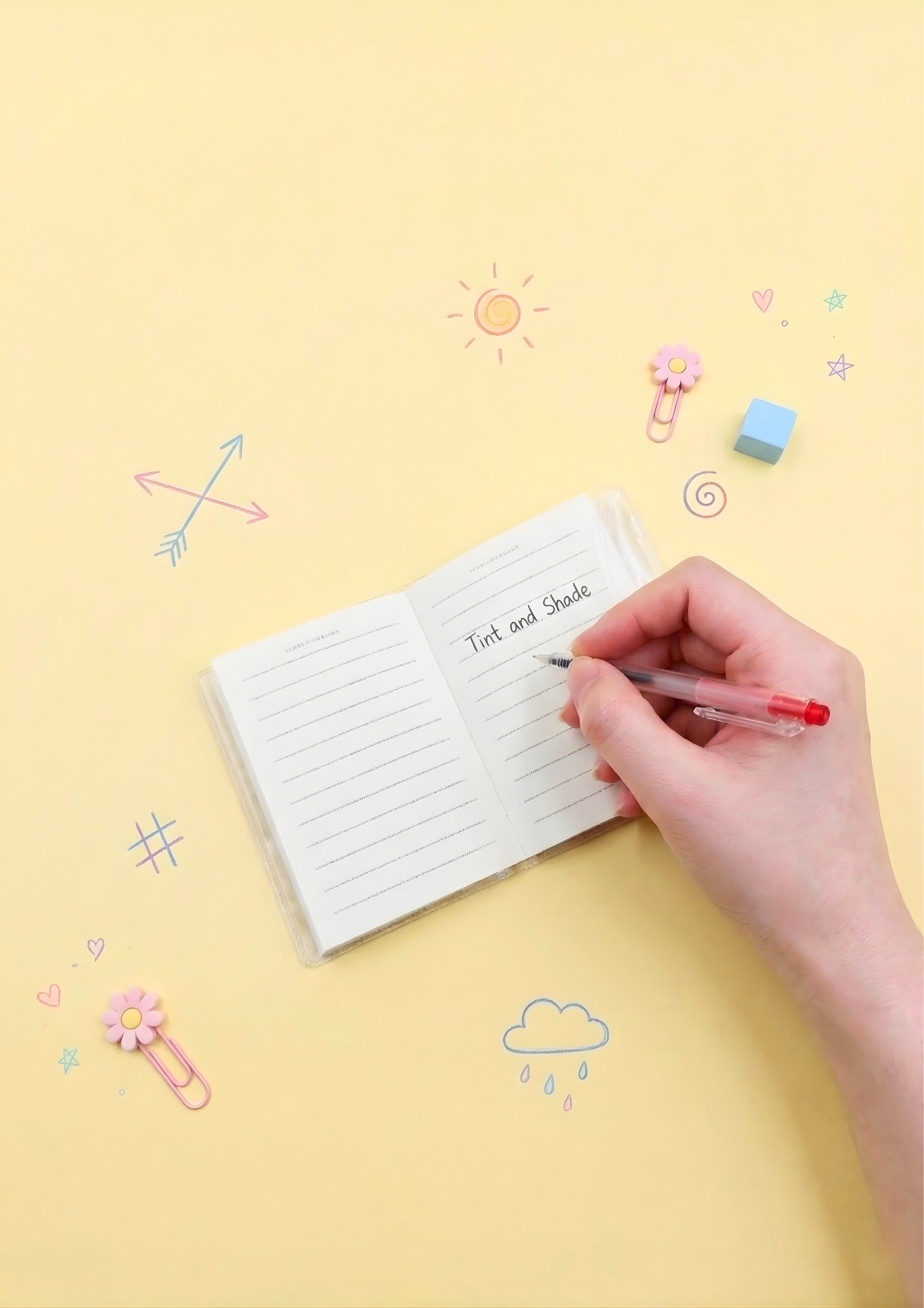Hand writing in a notebook on a yellow background with colorful stationery items.