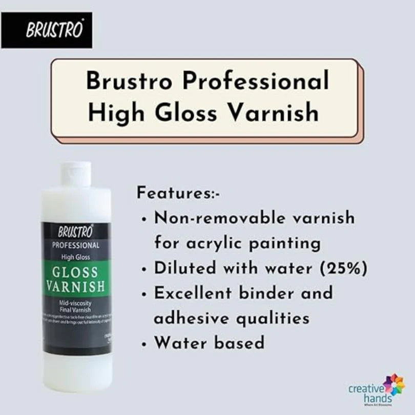 Brustro Professional High Gloss Varnish with features listed on a light gray background