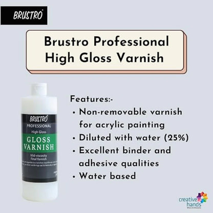 Brustro Professional High Gloss Varnish with features listed on a light gray background