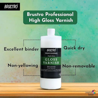 Brustro Professional High Gloss Varnish bottle with features listed on a green background