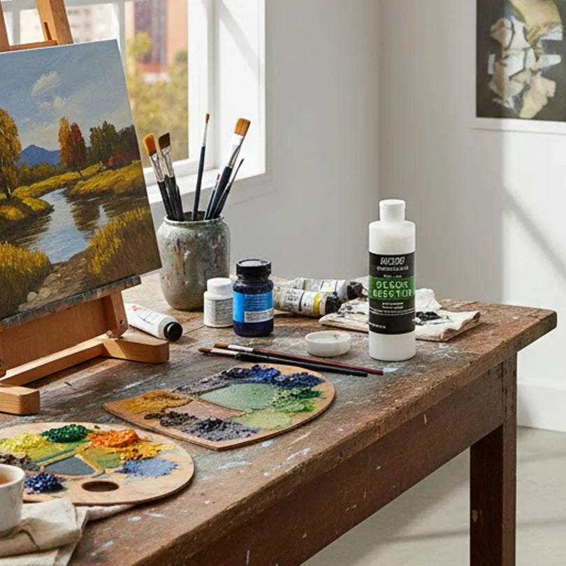 Artistic workspace with painting supplies on a wooden table
