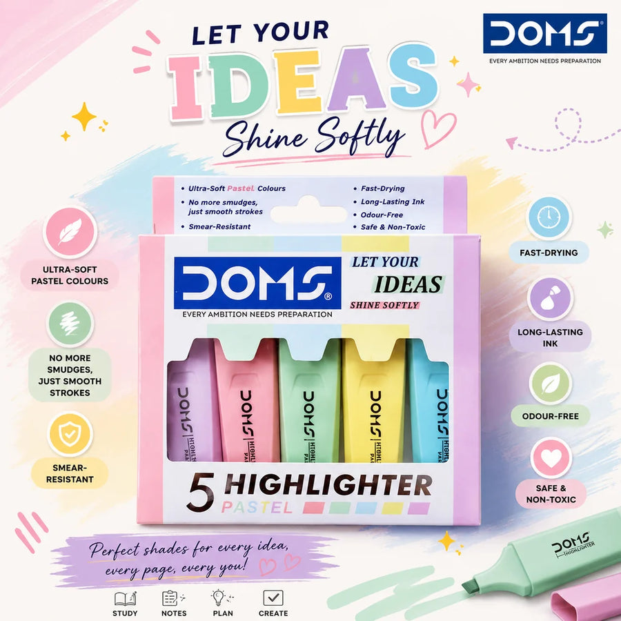 DOMS Pastel 5 Shades Hi-lighter Pouch Pack