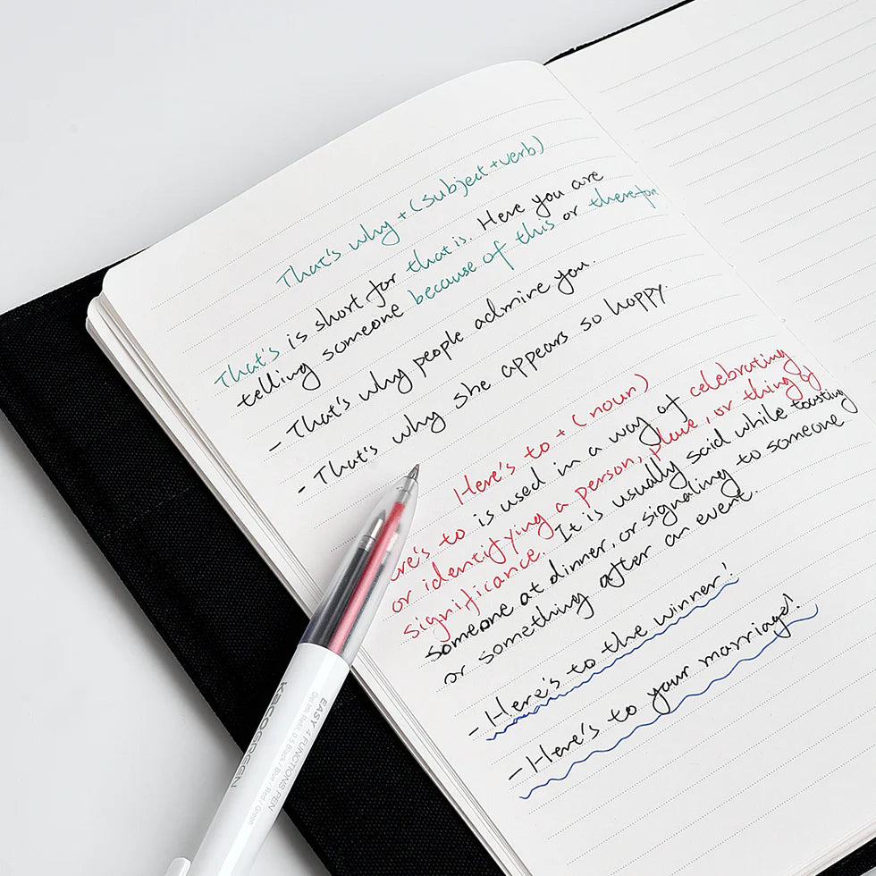 Open notebook with handwritten text and a pen on a white surface