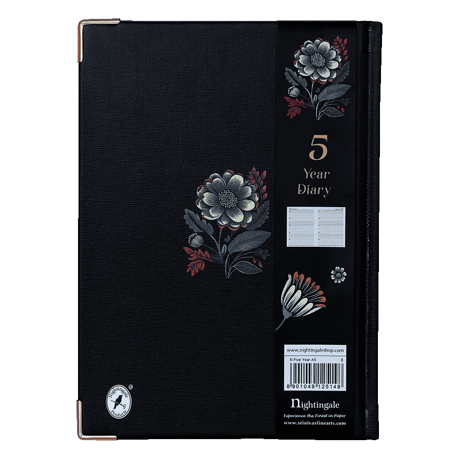Black diary with floral designs and 'Nightingale' branding on a transparent background