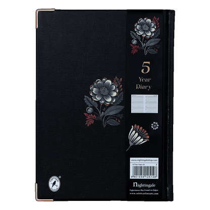 Black diary with floral designs and 'Nightingale' branding on a transparent background
