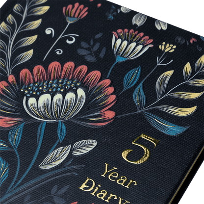 Floral design on a black background with '5 Year Diary' text