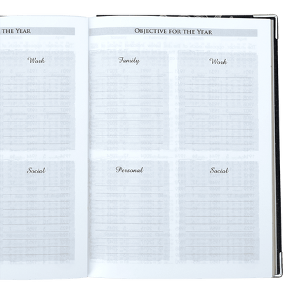 Open planner with sections for Work, Family, Social, Personal, and Objective for the Year.