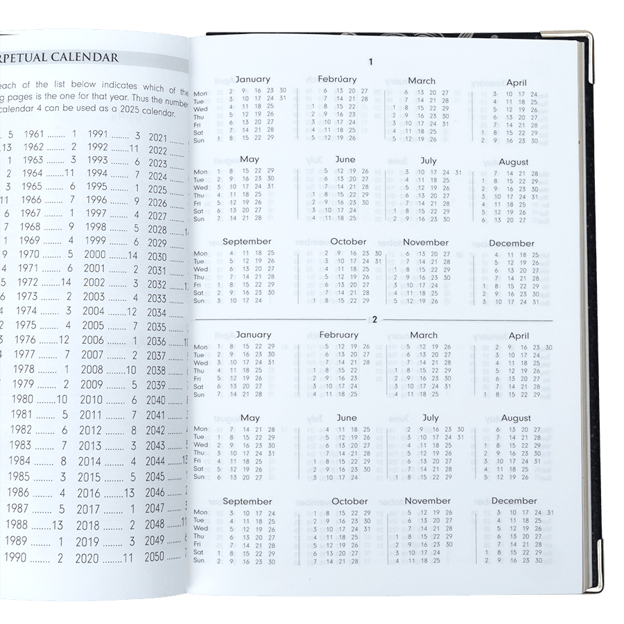 Open perpetual calendar showing multiple years on a white background