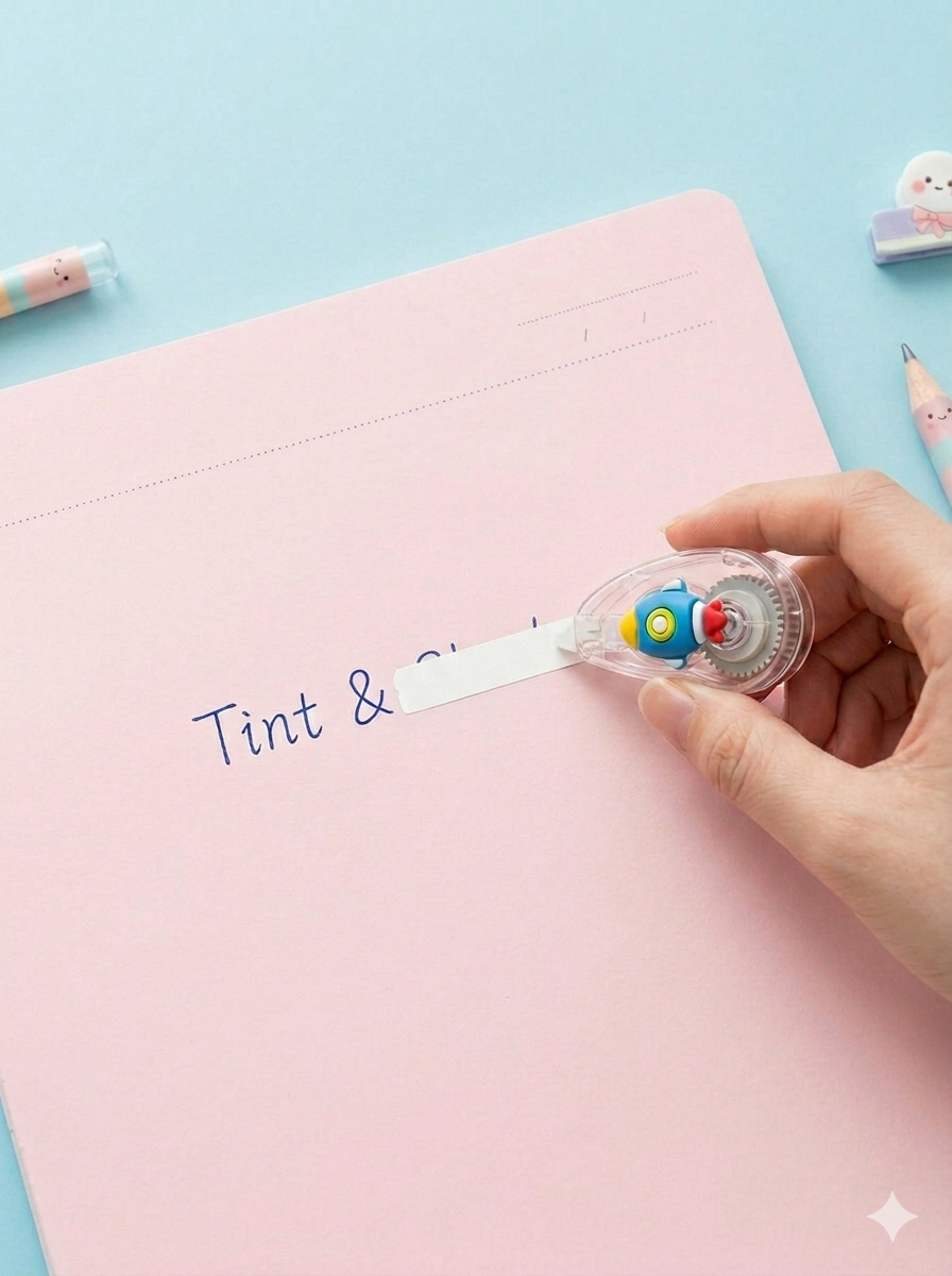 Hand using a small, colorful修正带 on a pink notebook with a light blue background