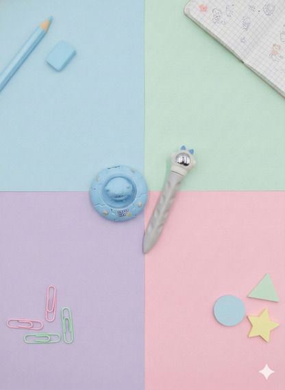 Colorful stationery items on a pastel grid background