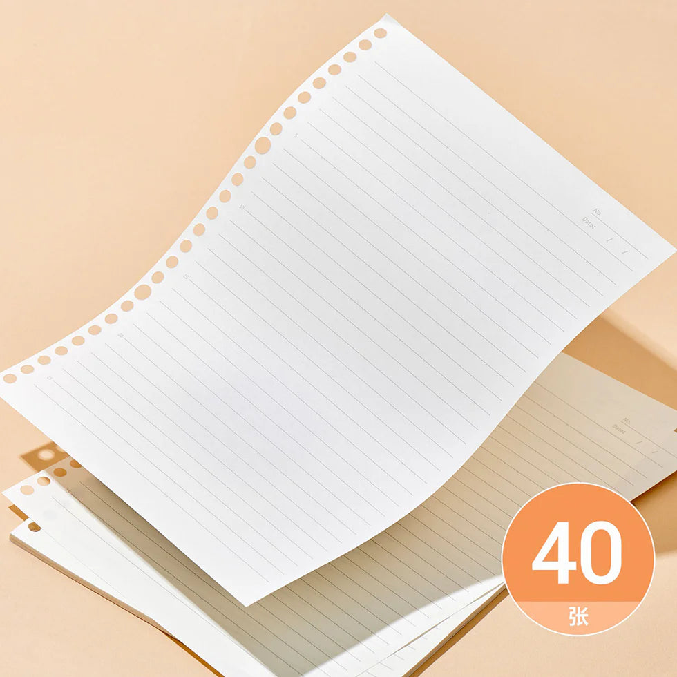 Two sheets of white lined paper with holes on a beige background, featuring the number 40.