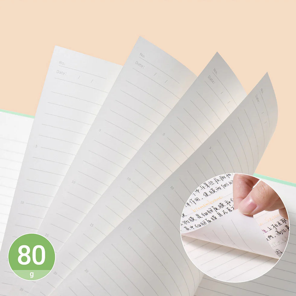 Stack of lined paper sheets with a hand holding a piece, on a beige background.
