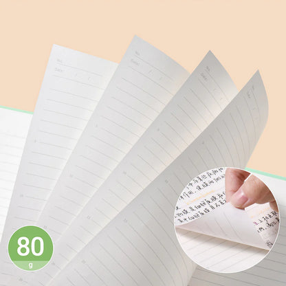 Stack of lined paper sheets with a hand holding a piece, on a beige background.
