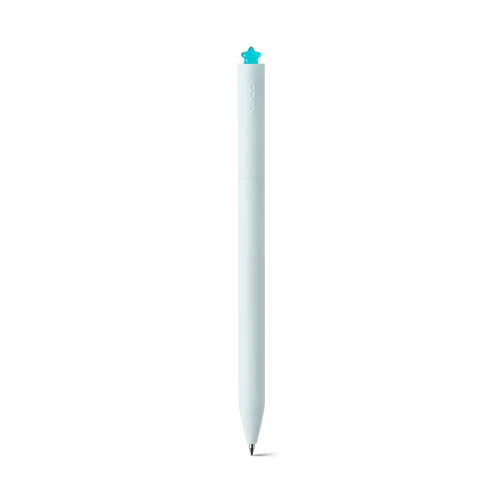 White pen with a blue star-shaped cap on a white background