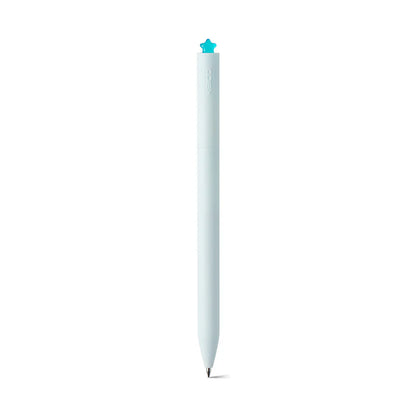White pen with a blue star-shaped cap on a white background