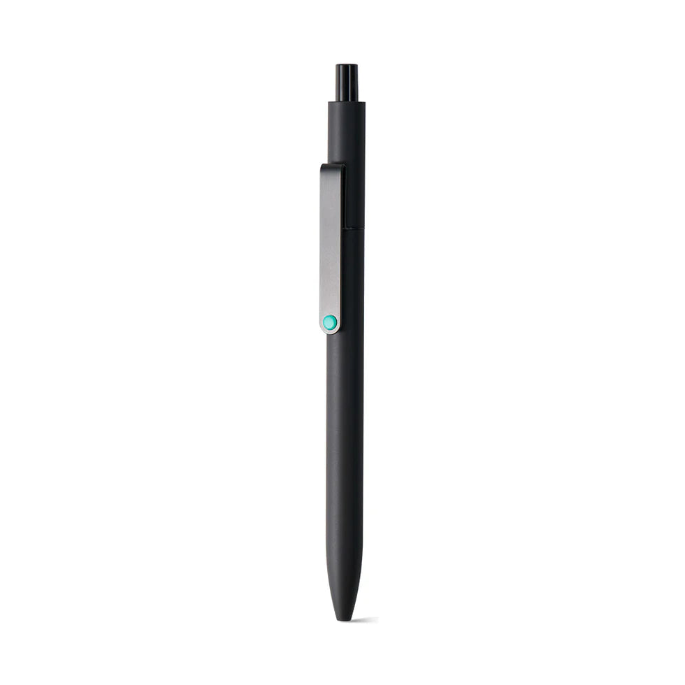 Black pen with a turquoise accent on a white background