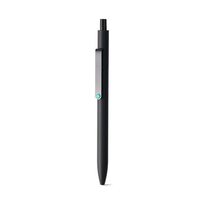 Black pen with a turquoise accent on a white background