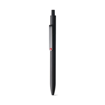 Black pen with a red accent on a white background