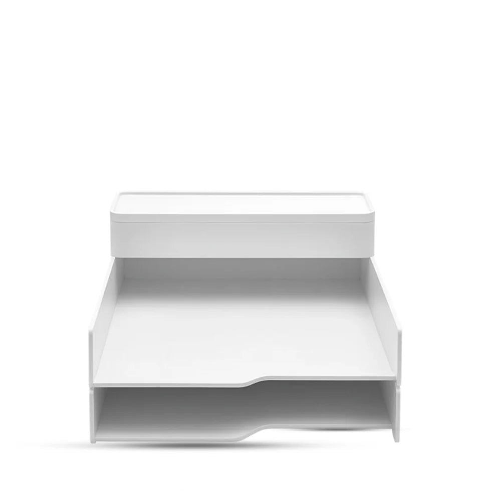 White shelf with a small drawer on a white background