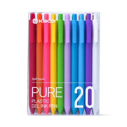 Pack of 20 colorful gel ink pens with Kaco branding on a white background