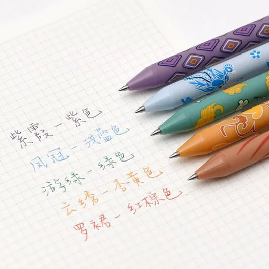 Colorful pens with artistic designs on a white background