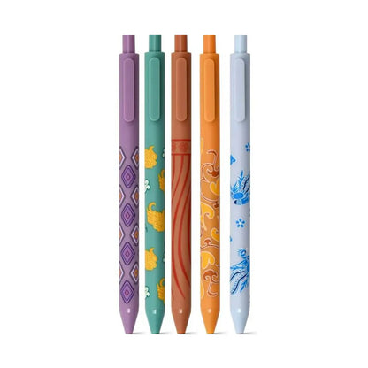Five colorful pens with unique designs on a white background