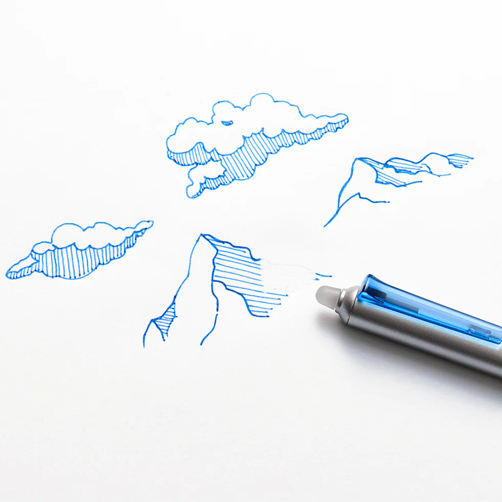 Blue pen with cloud and mountain sketches on a white background