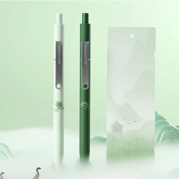 Two pens, one white and one green, with a clear packaging sleeve on a light green background.