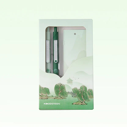 Kaco Green pen set packaging with green and white design on a light green background