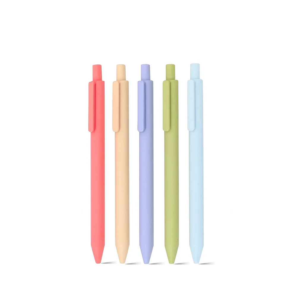 Five colorful pens in a row on a white background