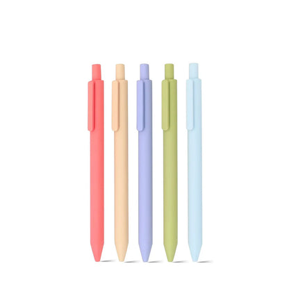 Five colorful pens in a row on a white background