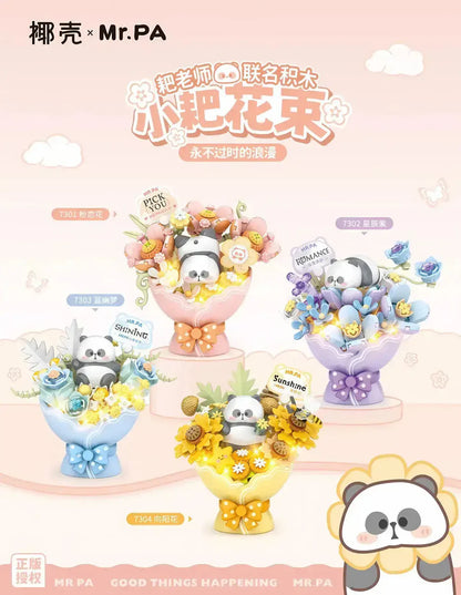 Decorative flower arrangements with cartoon panda characters on a pink background, featuring the brand 'Mr.PA'.