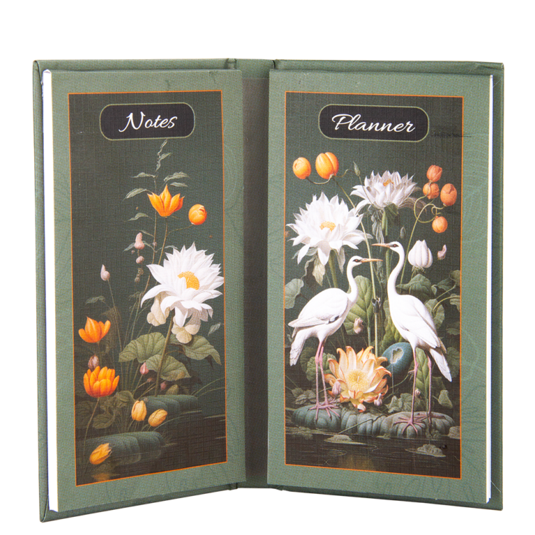 Floral and bird-themed planner with 'Notes' and 'Planner' labels on a white background