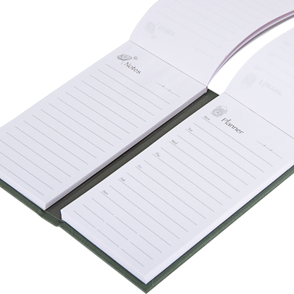 Two small notebooks labeled 'Notes' and 'Planner' on a white background