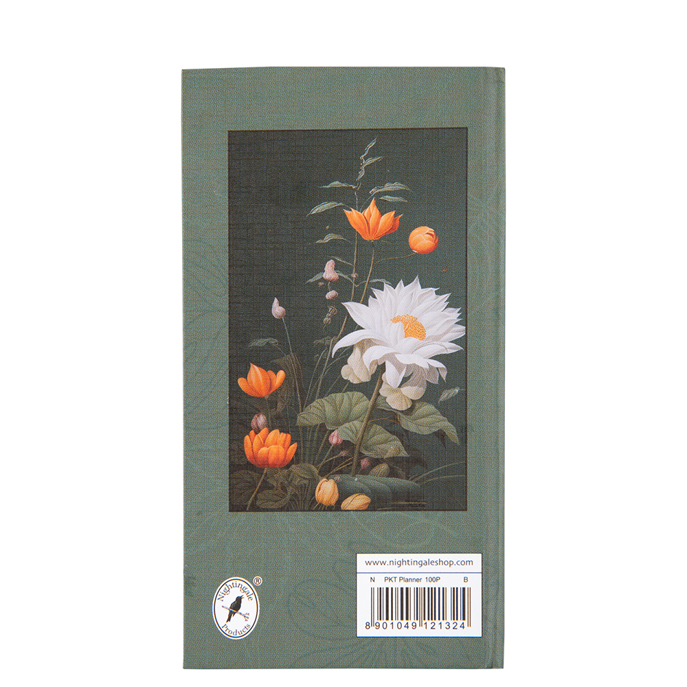 Floral design on a green book cover with a visible brand logo and barcode.