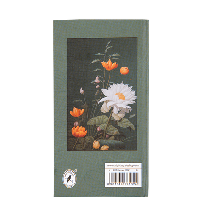 Floral design on a green book cover with a visible brand logo and barcode.