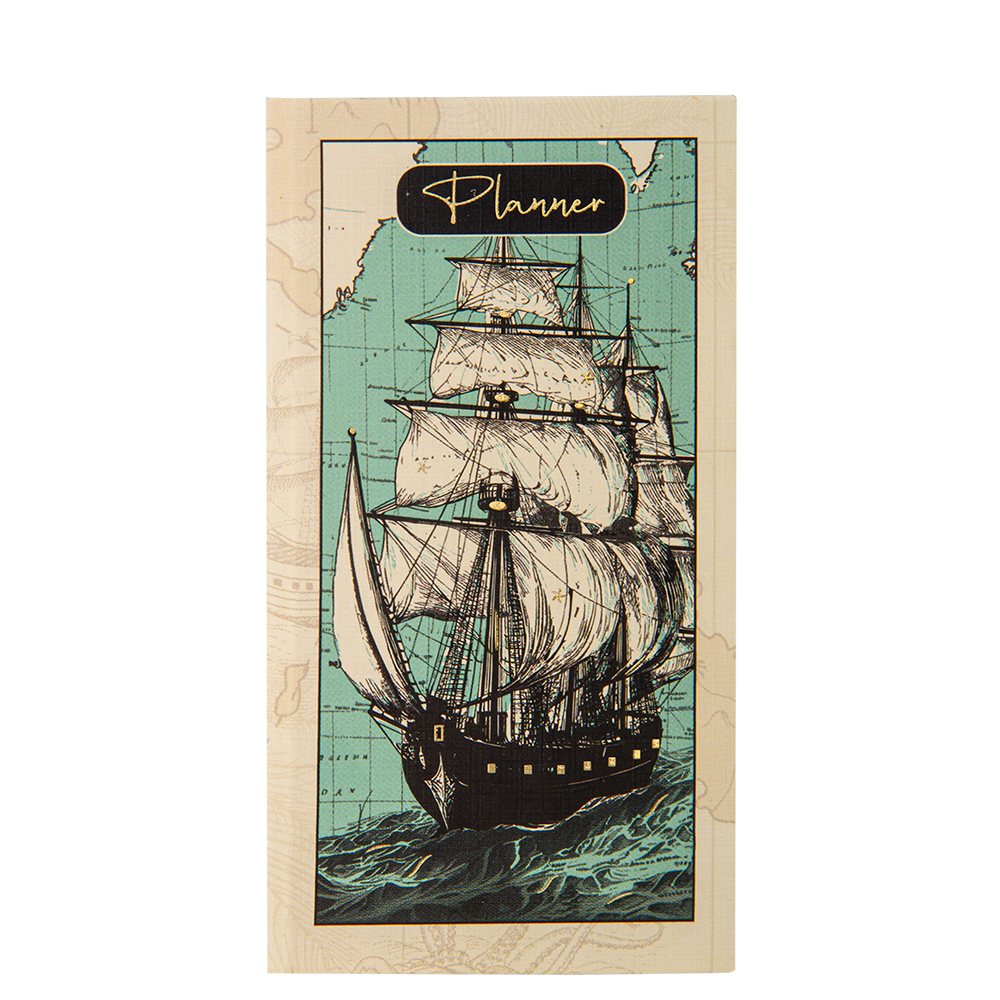 Planner cover with a ship illustration on a map background