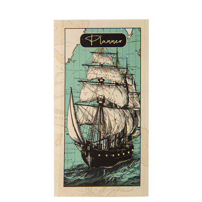 Planner cover with a ship illustration on a map background