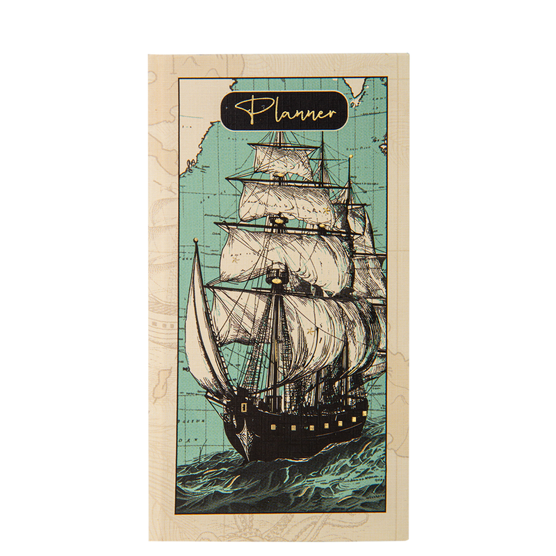 Planner cover with a ship illustration on a map background