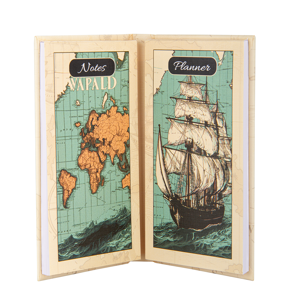 Open notebook with world map and ship design on a white background